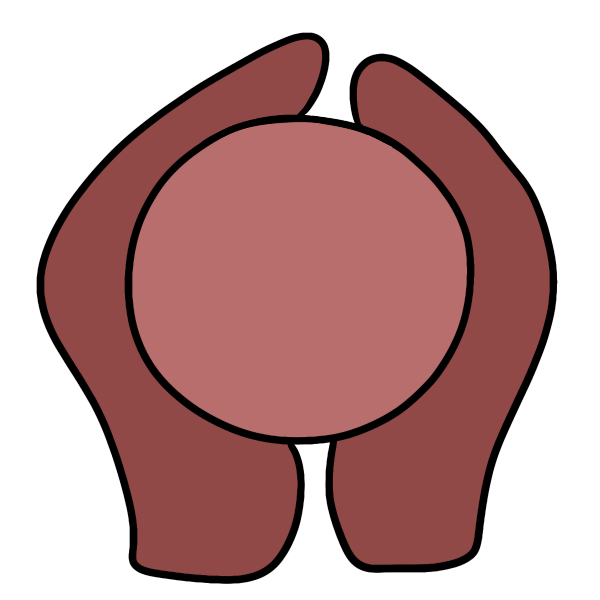 two red hand shapes holding a pink circle between their palms